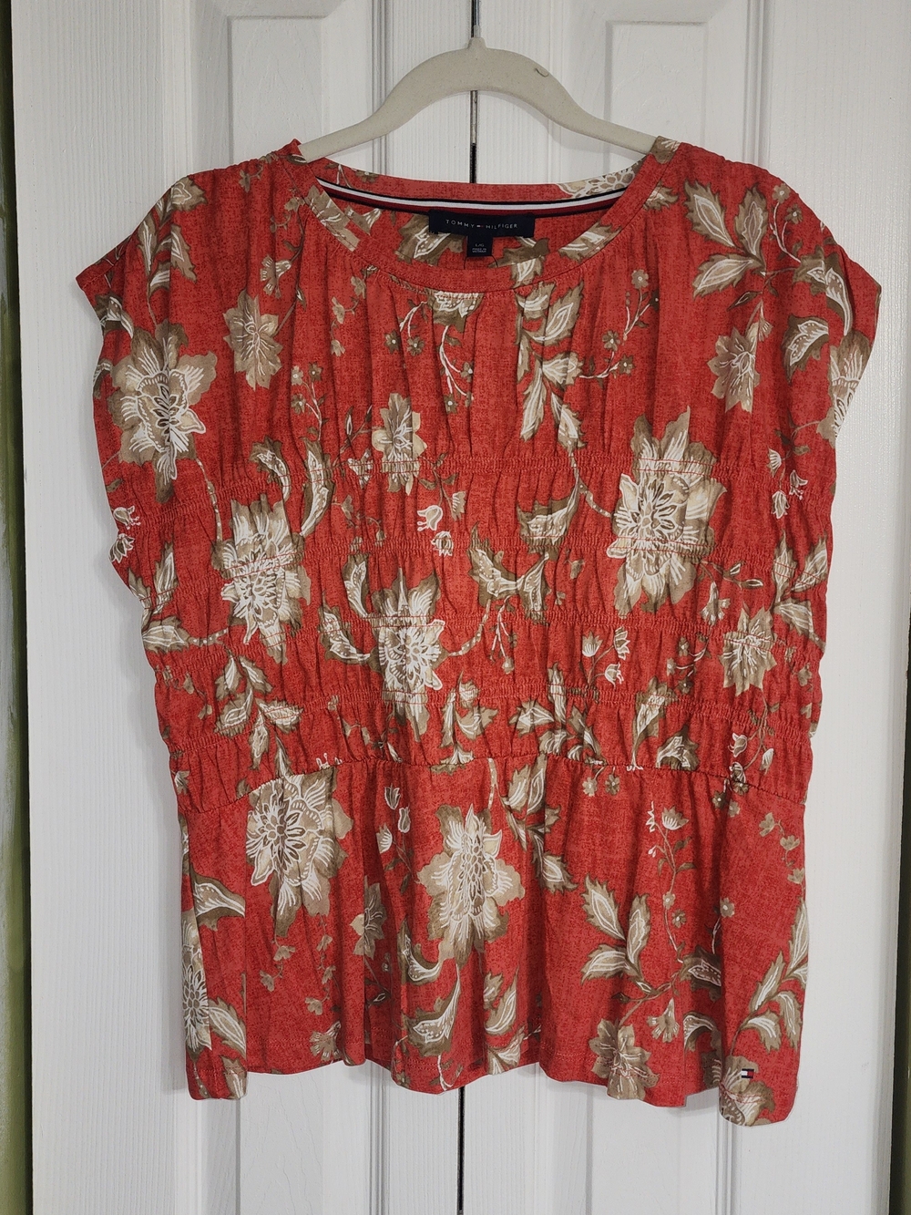 Tommy Hilfiger Coral Red Floral Short Sleeve Smocked Peplum Top Size L